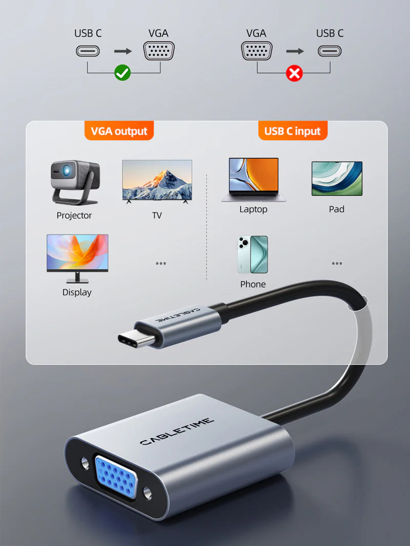 ADAPTADOR USB TIPO-C MACHO A VGA HEMBRA CABLETIME CP17A