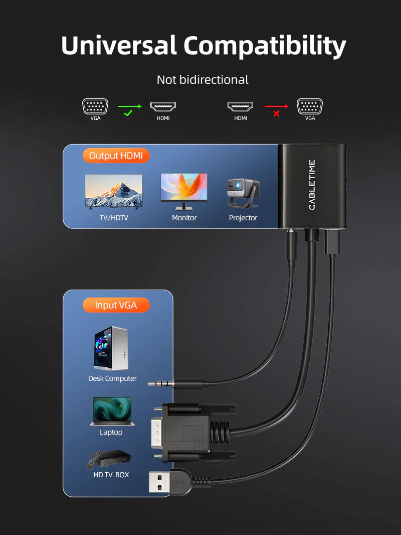 ADAPTADOR VGA MACHO A HDMI HEMBRA CABLETIME CP54B | 1080P