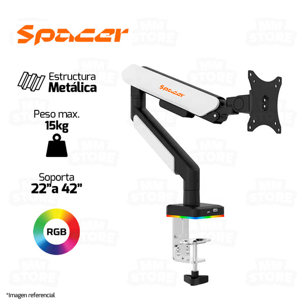 BRAZO - RACK PARA MONITOR SPACER SB90 | HIDRAULICO | RGB | 22"-42" | USB 3.0 | BLANCO