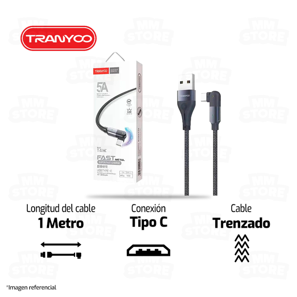 CABLE TIPO C TRANYOO T-X16C | 1 METRO | NEGRO