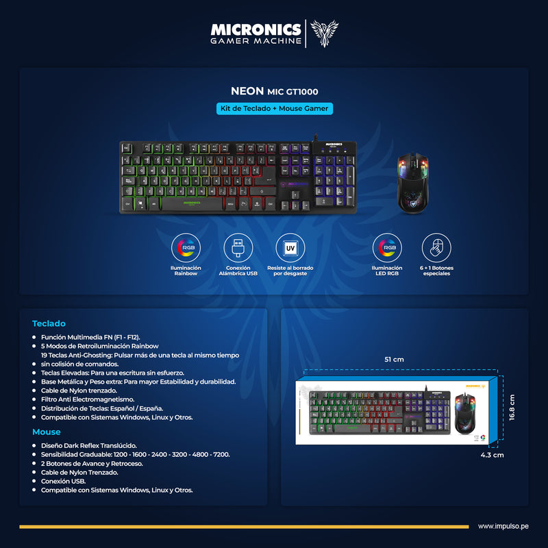COMBO MICRONICS NEON MIC GT1000 | TECLADO + MOUSE | RGB | NEGRO