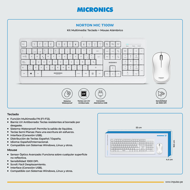COMBO MICRONICS NORTON MIC T100W | TECLADO + MOUSE | BLANCO