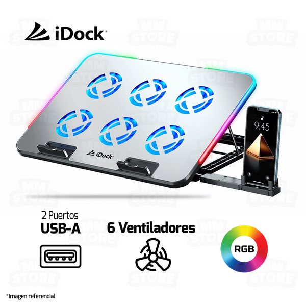 COOLER PARA LAPTOP IDOCK N8 QUANTUM | 6 VENTILADORES | PLATEADO | RGB