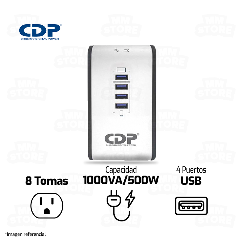 ESTABILIZADOR CDP R2CU-AVR1008I | 1000VA/500W | 8 TOMAS-4 USB