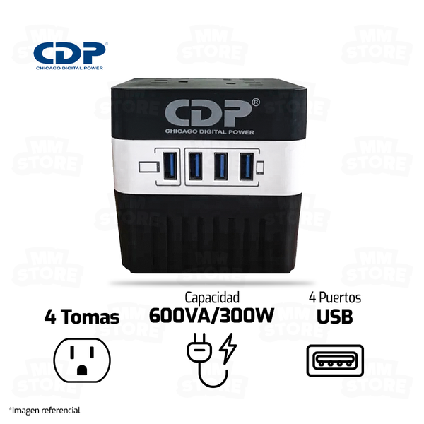 ESTABILIZADOR CDP RU-AVR604I | 600VA/300W | 4 TOMAS - 4 USB