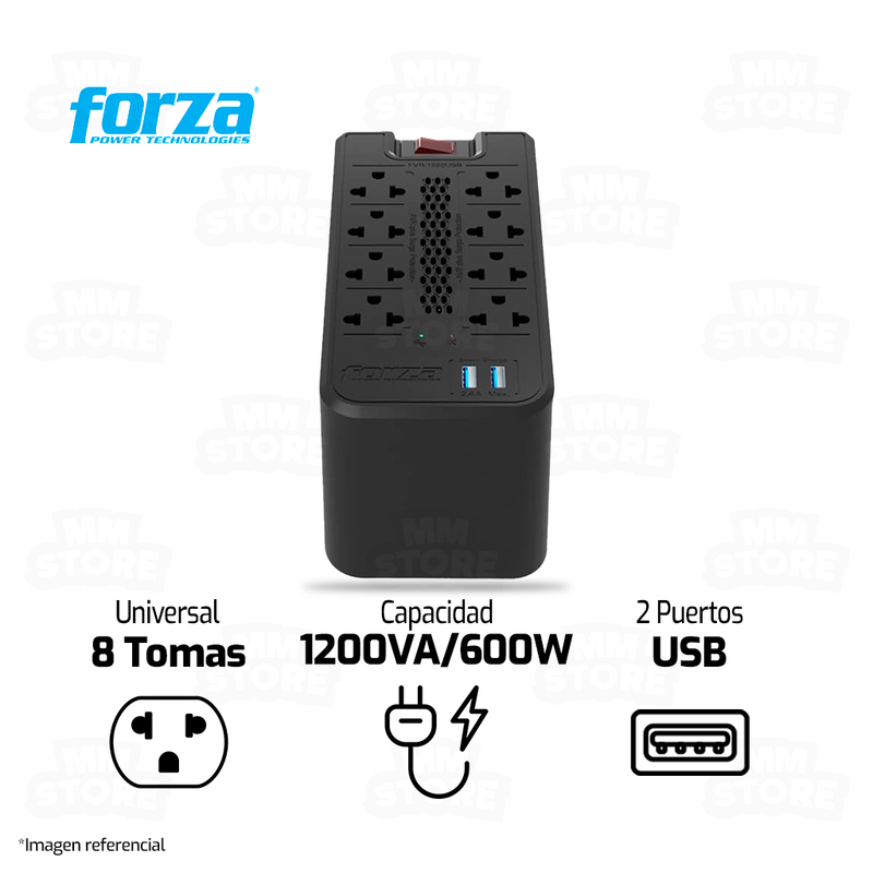 ESTABILIZADOR FORZA FVR-1222USB | 1200VA/600W | 8 TOMAS - 2 USB