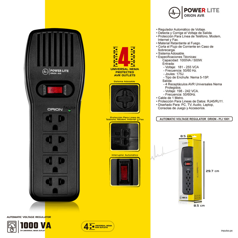 ESTABILIZADOR POWER LITE ORION AVR PLI1001 | 1000VA/500W | 4 TOMAS