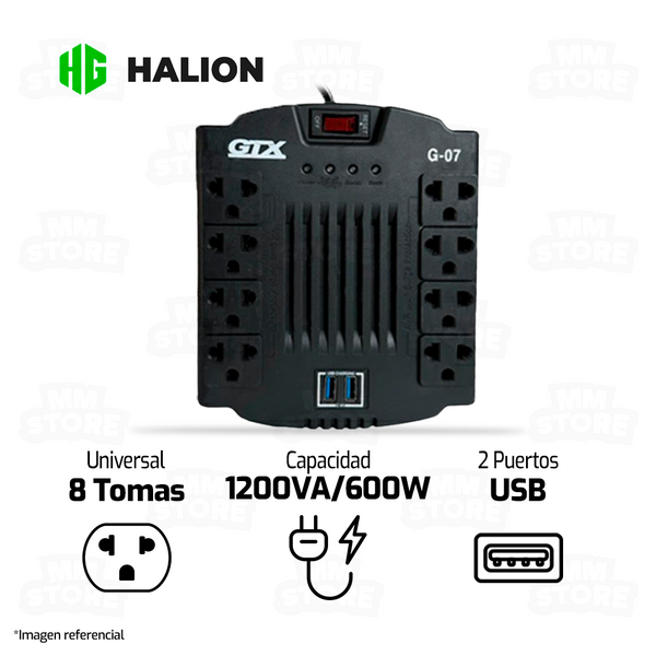 ESTABILIZADOR GTX MOD G-07 | 1200VA/600W | 8 TOMAS + 2 USB