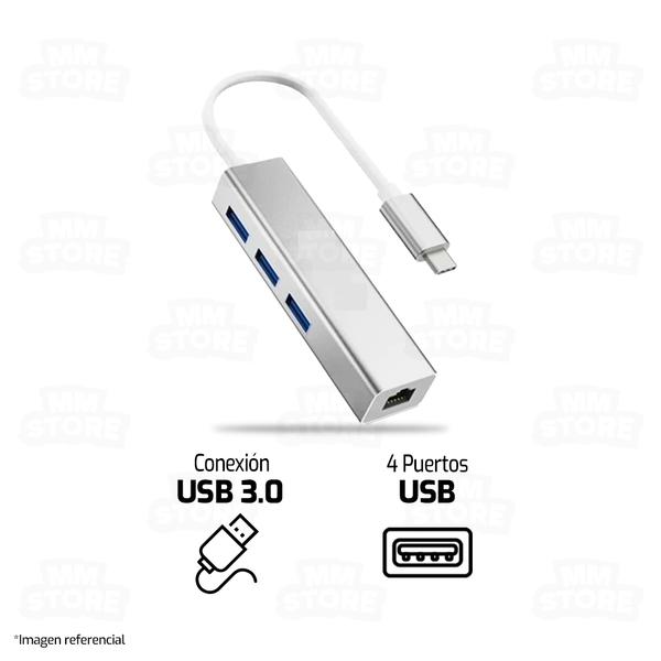 HUB USB 3.0 + RJ45 TIPO C 4 PUERTOS | METAL