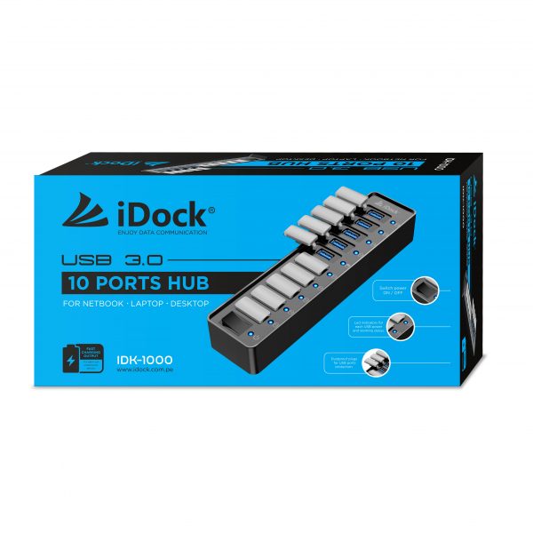 HUB USB IDOCK IDK-1000 | USB 3.0 | 10 PUERTOS | 12V 3A | NEGRO