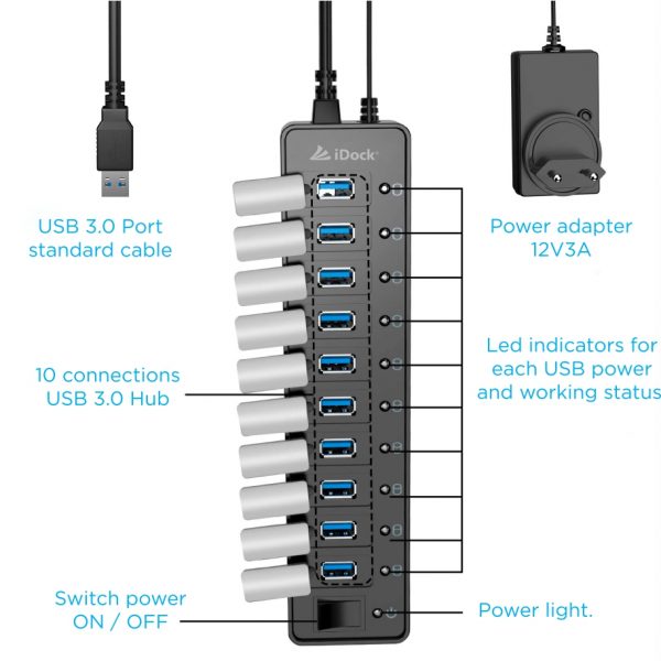 HUB USB IDOCK IDK-1000 | USB 3.0 | 10 PUERTOS | 12V 3A | NEGRO