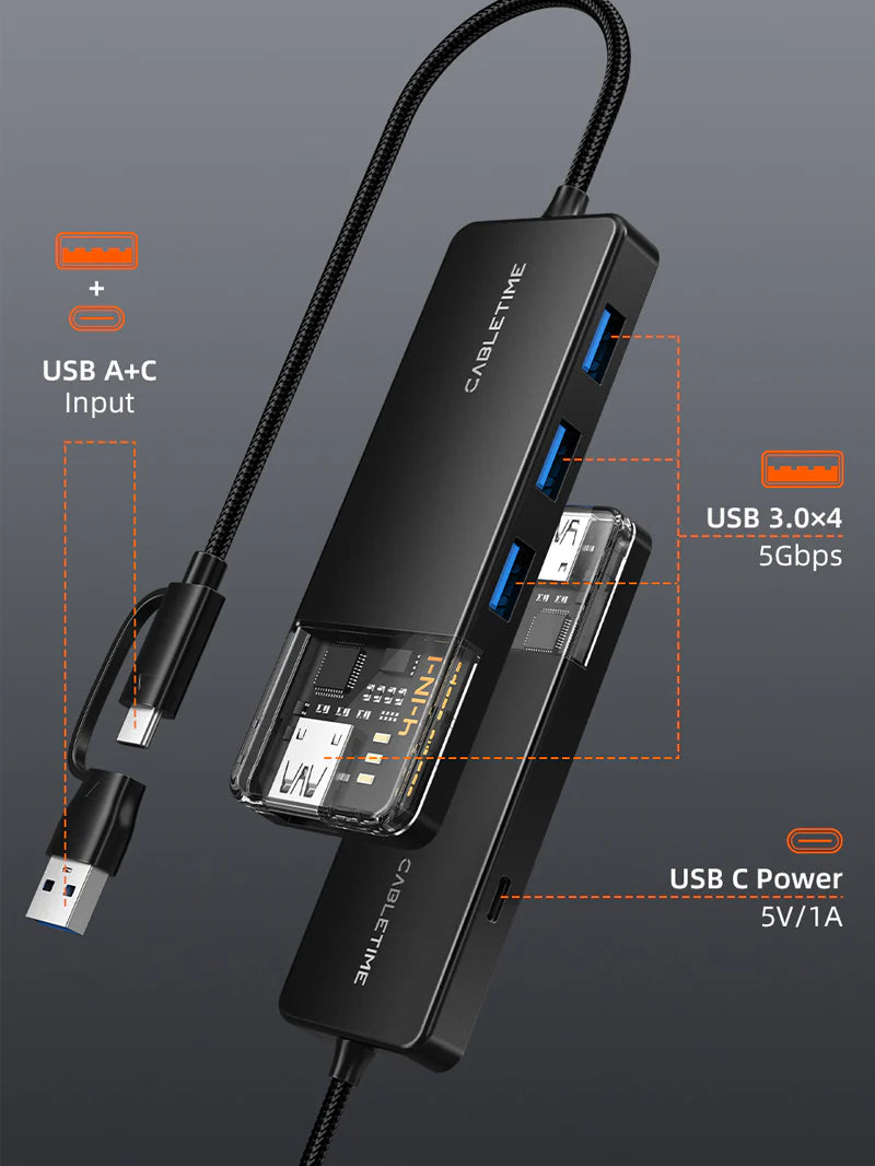 HUB ADAPTADOR USB TIPO-C/A 4 EN 1 CABLETIME CB03B | 4 PUERTOS USB-A 3.0