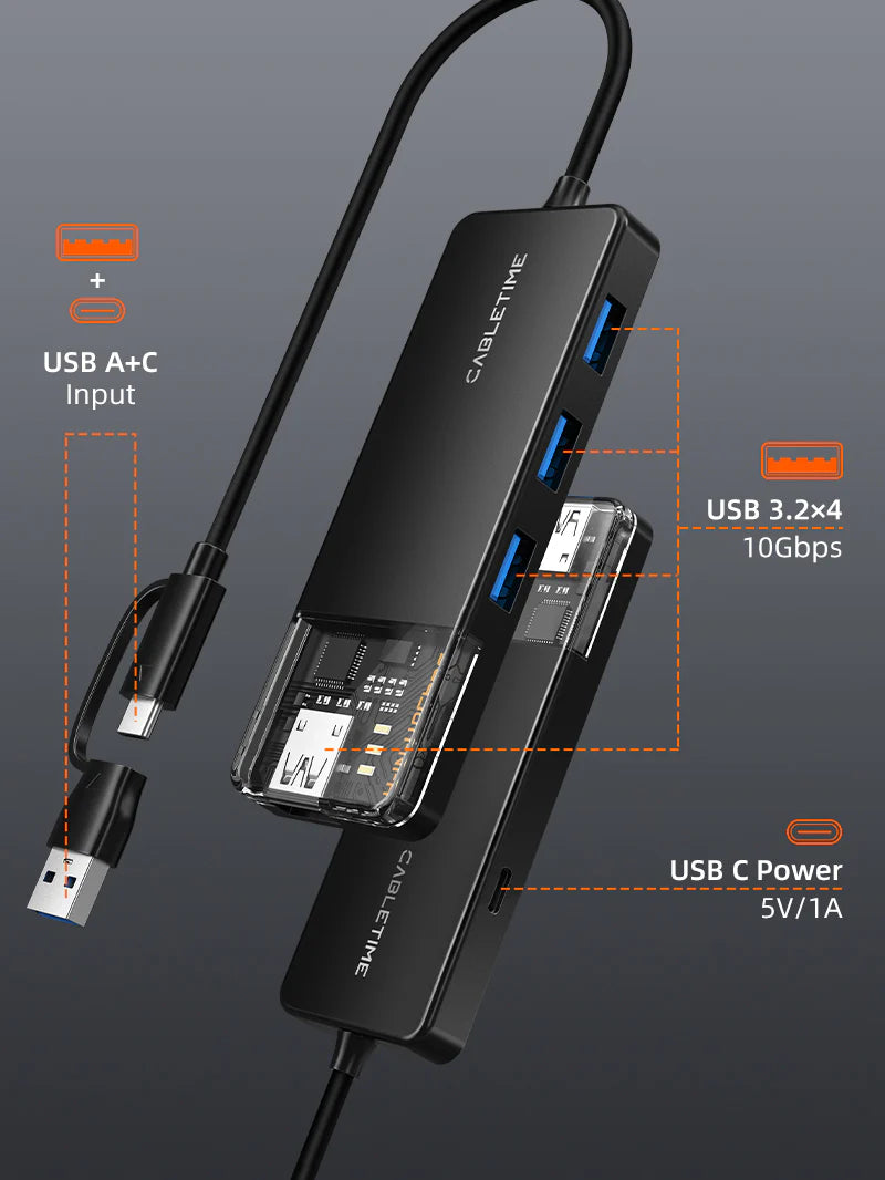 HUB ADAPTADOR USB TIPO-C/A 4 EN 1 CABLETIME CB05B | 4 PUERTOS USB-A 3.2 | 10GBPS