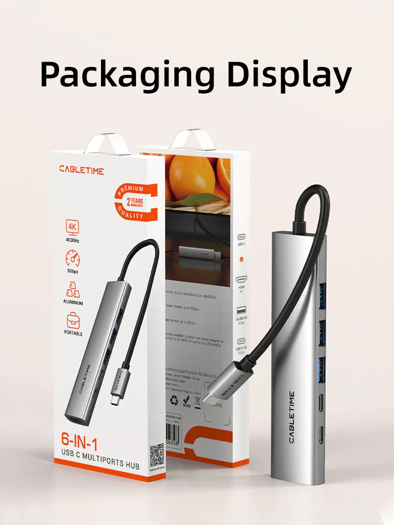 HUB ADAPTADOR USB TIPO-C 6 EN 1 CABLETIME HB01G | 100W | HDMI 4K-30HZ | 3 PUERTOS USB | 1 TIPO-C