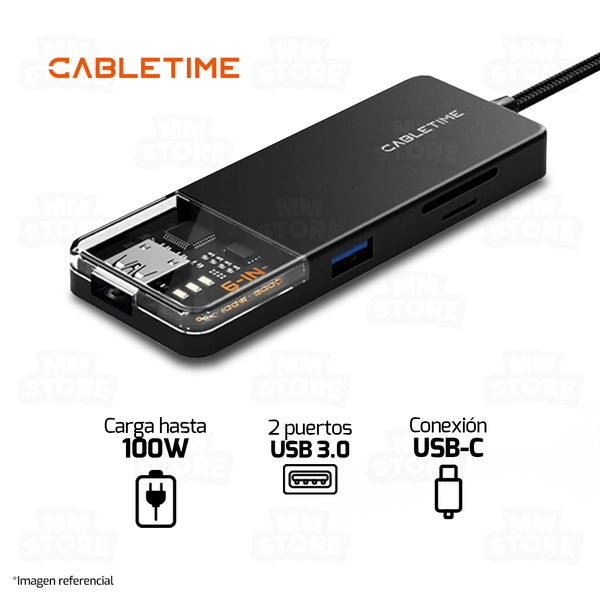 HUB ADAPTADOR USB TIPO-C 6 EN 1 CABLETIME CB04B | 100W | HDMI 4K-30HZ | 2 PUERTOS USB | SD/TF