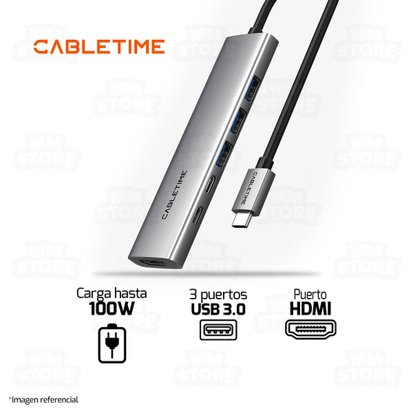HUB ADAPTADOR USB TIPO-C 6 EN 1 CABLETIME HB01G | 100W | HDMI 4K-30HZ | 3 PUERTOS USB | 1 TIPO-C