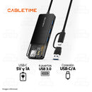 HUB ADAPTADOR USB TIPO-C/A 4 EN 1 CABLETIME CB03B | 4 PUERTOS USB-A 3.0