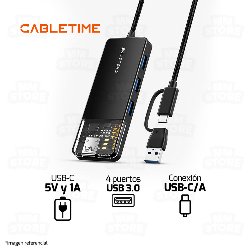 HUB ADAPTADOR USB TIPO-C/A 4 EN 1 CABLETIME CB03B | 4 PUERTOS USB-A 3.0