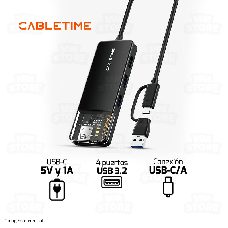 HUB ADAPTADOR USB TIPO-C/A 4 EN 1 CABLETIME CB05B | 4 PUERTOS USB-A 3.2 | 10GBPS