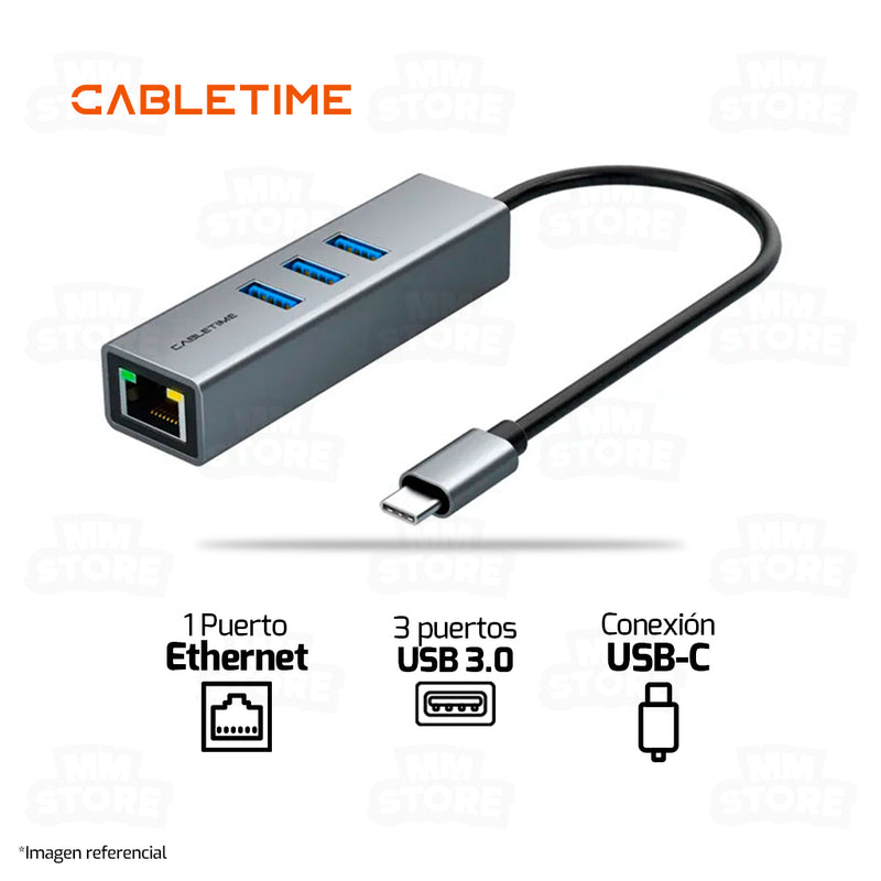 HUB ADAPTADOR USB TIPO-C CABLETIME CB54G | 3.0 | 3 PUERTOS USB | 1 RJ45