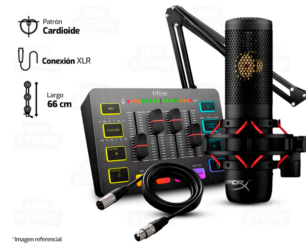 KIT PRO PARA STREAMERS | MICROFONO HYPERX PROCAST + MIXER FIFINE SC3 + CABLE FIFINE 1 XLR + BRAZO