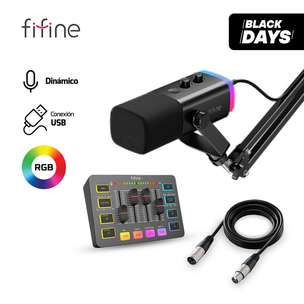 KIT STREAMING PRO (MICROFONO FIFINE AM8T + BRAZO + MIXER FIFINE SC3 NEGRO + CABLE XLR)