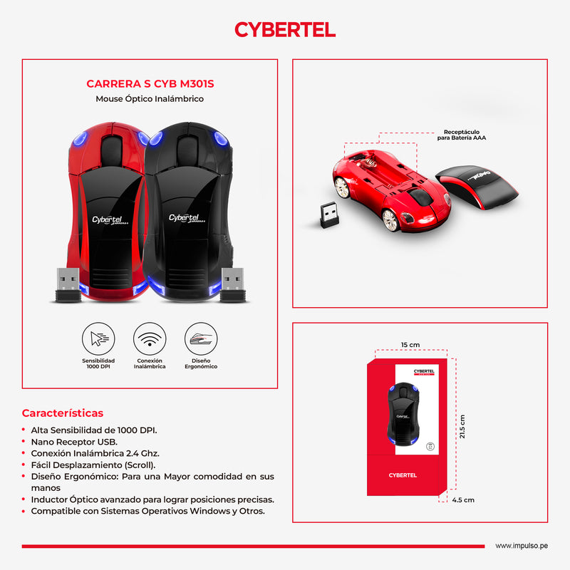 MOUSE CYEBRTEL CARRERAS S-CYB M301S | INALAMBRICO | 1,000 DPI | ROJO