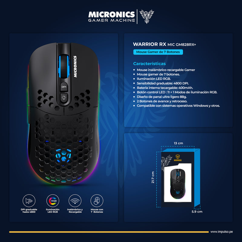 MOUSE MICRONICS WARRIOR RX - MICGM828RX+ | INALAMBRICO | 4,800 DPI | RGB | NEGRO