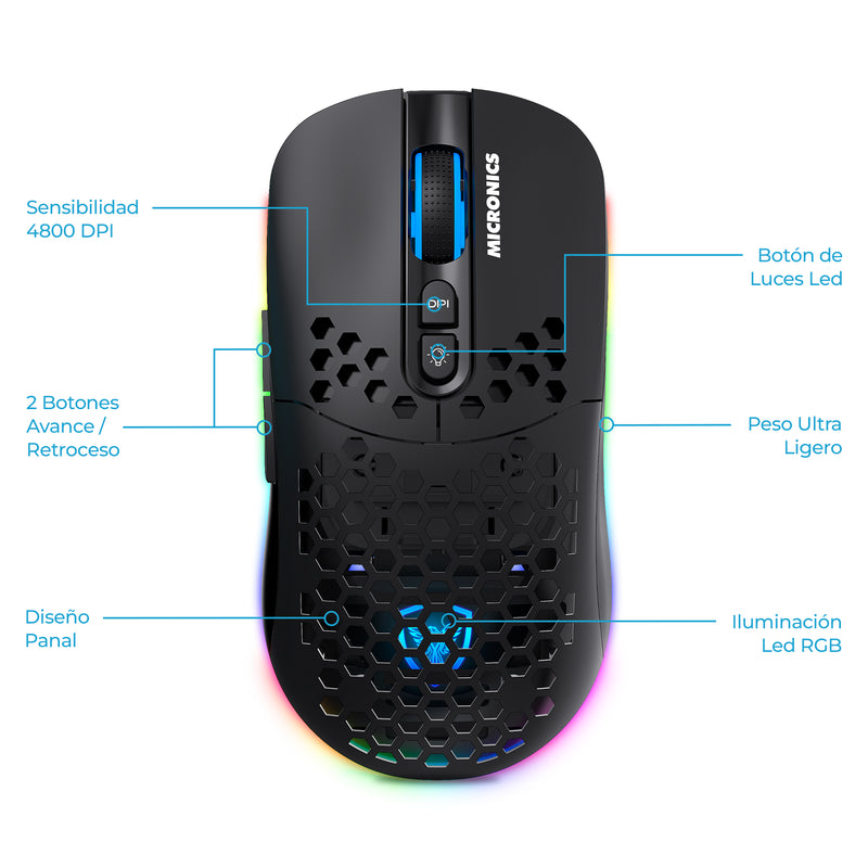 MOUSE MICRONICS WARRIOR RX - MICGM828RX+ | INALAMBRICO | 4,800 DPI | RGB | NEGRO