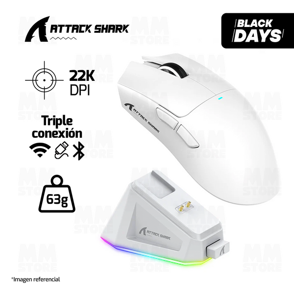 MOUSE ATTACK SHARK X11 | BASE DE CARGA | INALAMBRICO - BLUETOOTH | 22,000 DPI | BLANCO