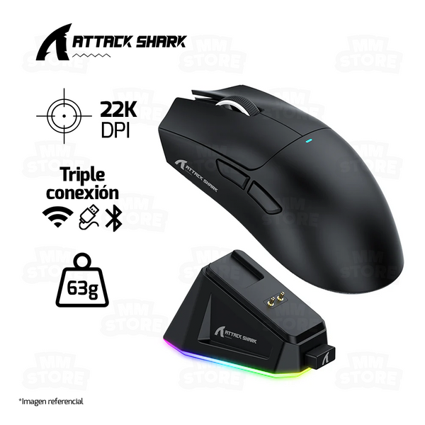 MOUSE ATTACK SHARK X11 | BASE DE CARGA | INALAMBRICO - BLUETOOTH | 22,000 DPI | NEGRO