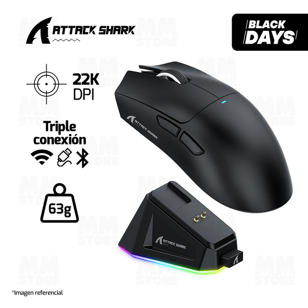 MOUSE ATTACK SHARK X11 | BASE DE CARGA | INALAMBRICO - BLUETOOTH | 22,000 DPI | NEGRO