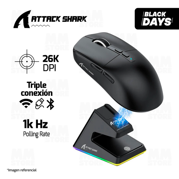 MOUSE ATTACK SHARK X6 | BASE DE CARGA |  INALAMBRICO | 26,000 DPI | NEGRO
