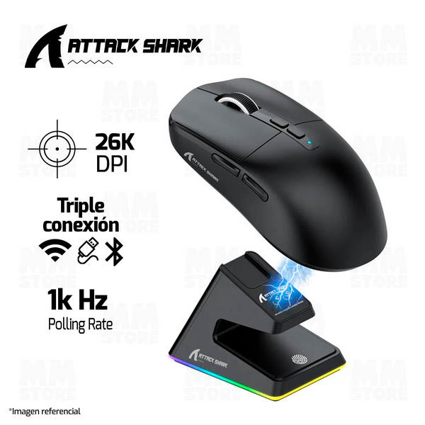 MOUSE ATTACK SHARK X6 | BASE DE CARGA |  INALAMBRICO | 26,000 DPI | NEGRO