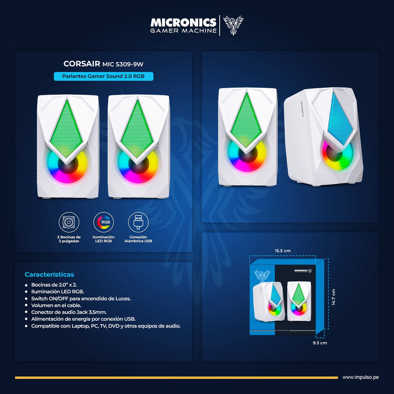 PARLANTE 2.0 MICRONICS CORSAIR MIC 309-9W | 3.5MM | USB | RGB | BLANCO