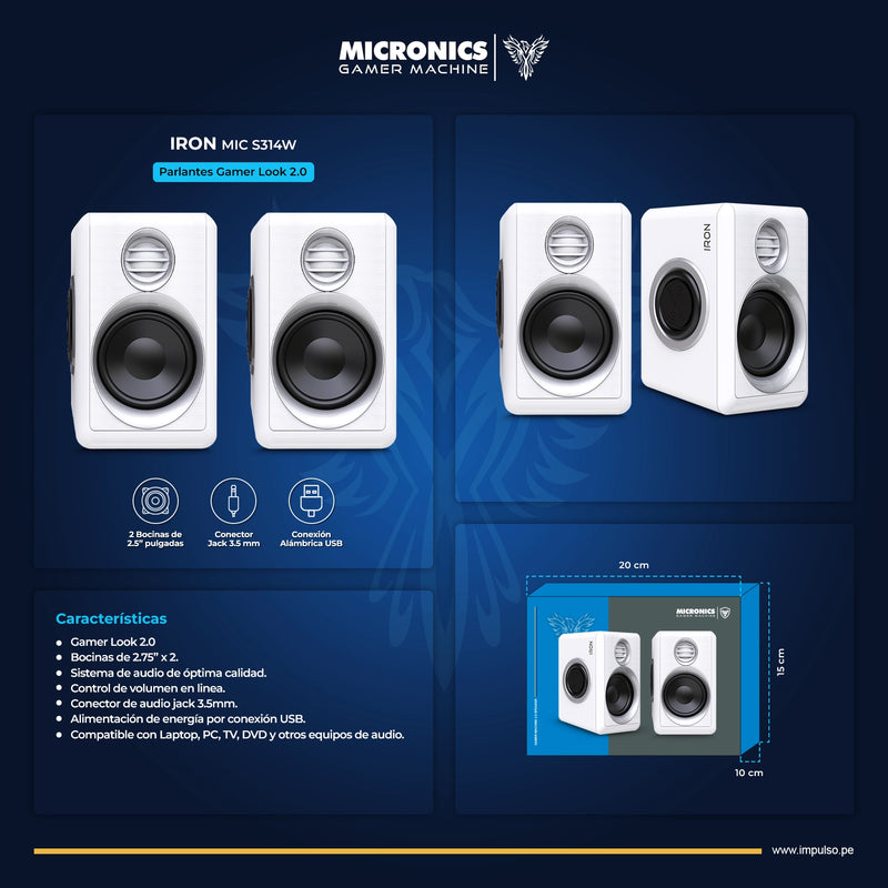 PARLANTE 2.0 MICRONICS IRON MIC S314W | 3.5MM | USB | RGB | BLANCO
