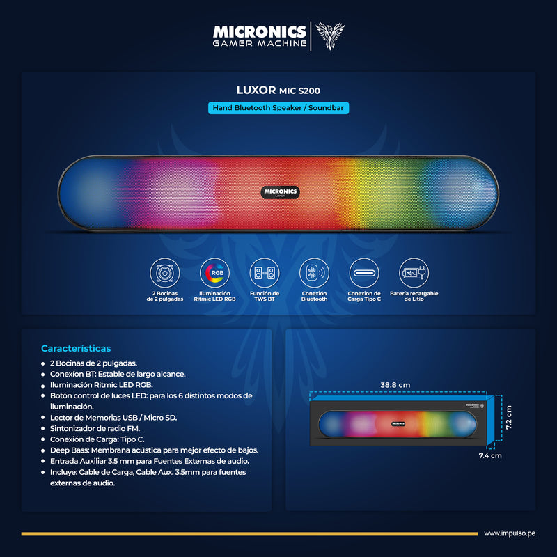 PARLANTE 2.0 MICRONICS LUXOR - MIC S200 | BLUETOOTH-3.5MM | USB | RGB