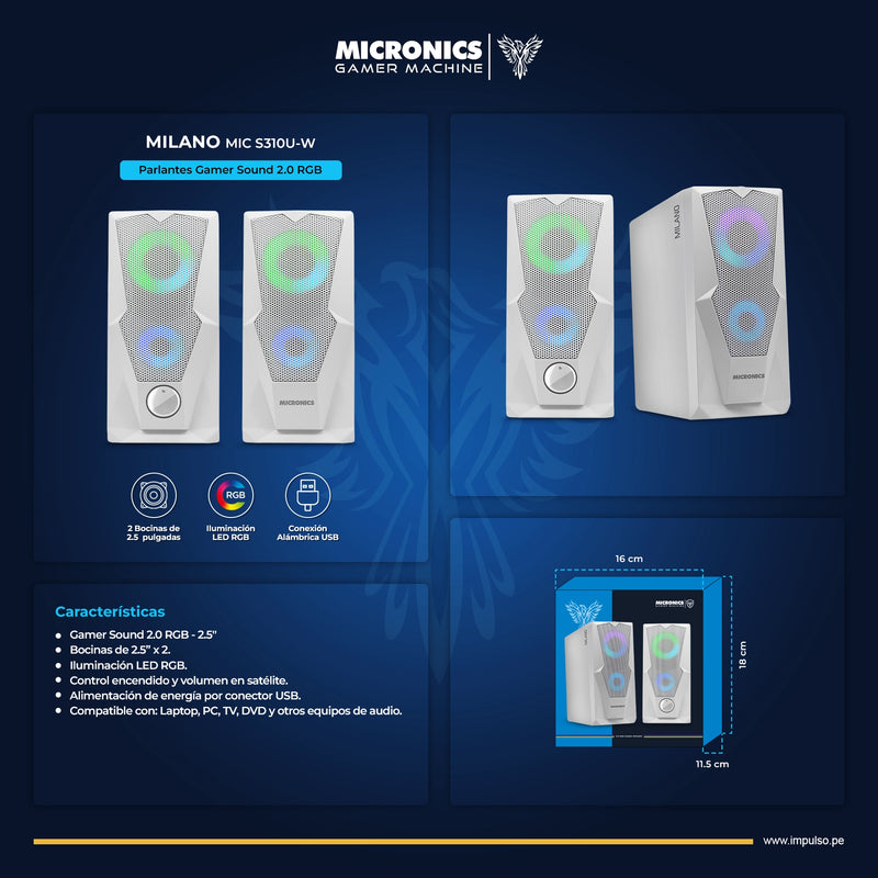 PARLANTE 2.0 MICRONICS MILANO MIC S310 | 3.5MM | USB | RGB | BLANCO