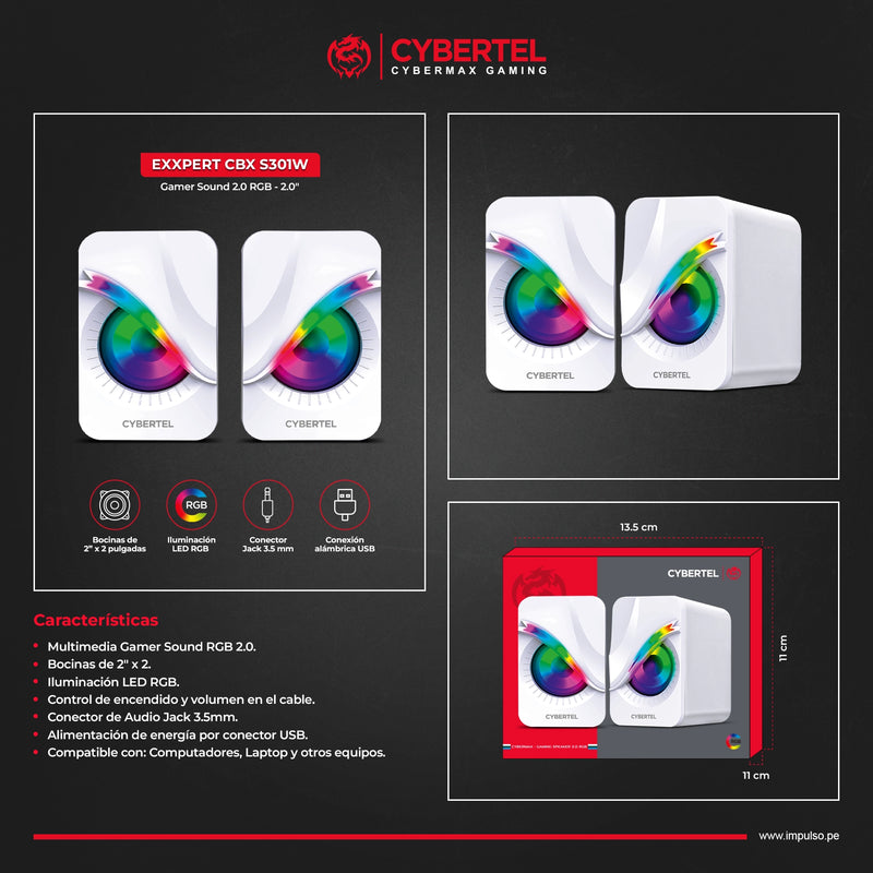 PARLANTE 2.0 CYBERTEL EXXPERT CBX S301W | 3.5MM | USB | RGB | BLANCO