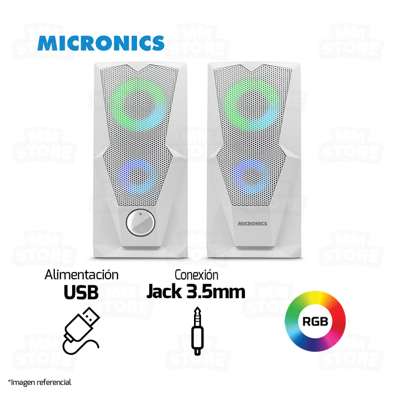 PARLANTE 2.0 MICRONICS MILANO MIC S310 | 3.5MM | USB | RGB | BLANCO
