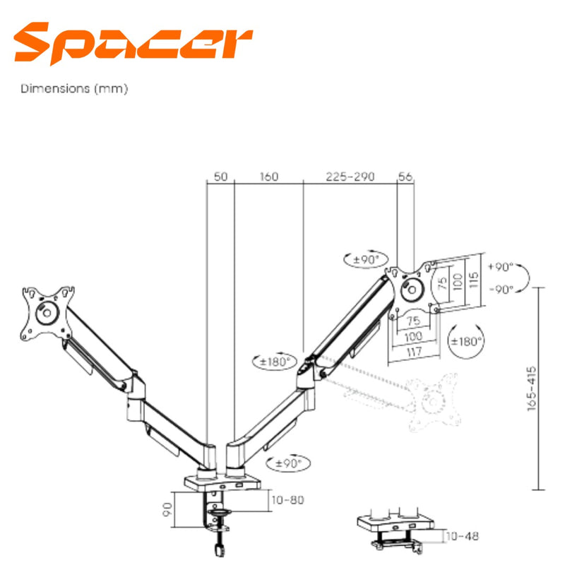 BRAZO - RACK PARA 2 MONITORES SPACER LDT97-C024E | HIDRAULICO | 17"-32"