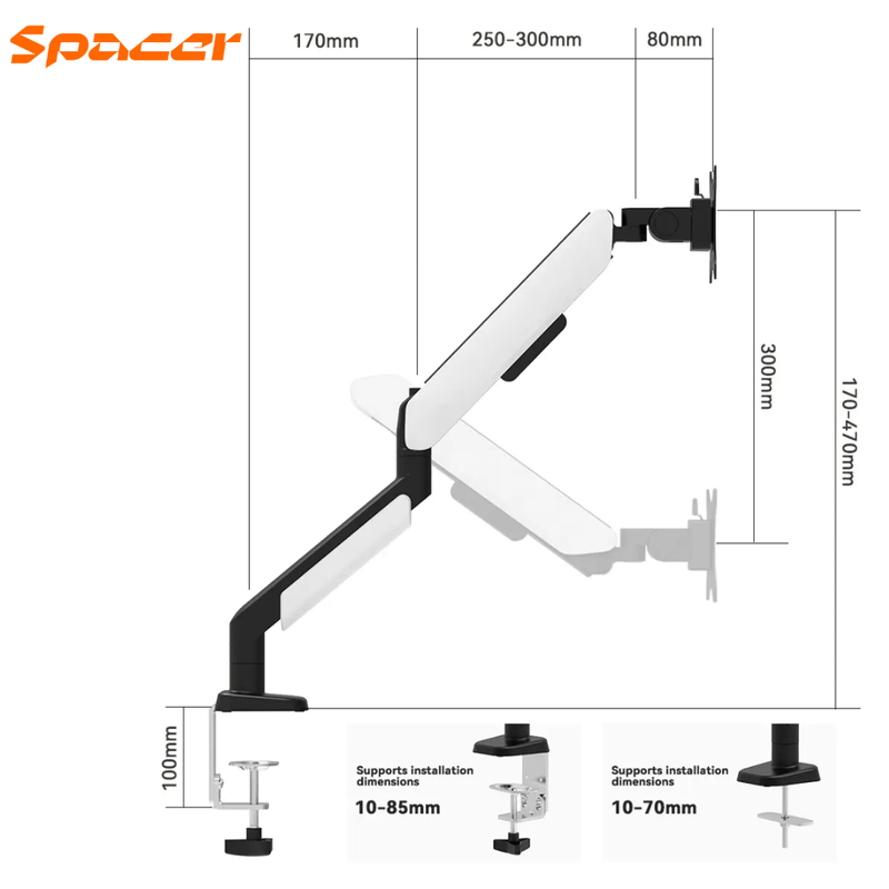 BRAZO - RACK PARA MONITOR SPACER SB90 | HIDRAULICO | RGB | 22"-42" | USB 3.0 | BLANCO