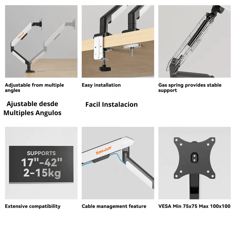 BRAZO - RACK PARA MONITOR SPACER SB90 | HIDRAULICO | RGB | 22"-42" | USB 3.0 | BLANCO