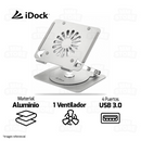 SOPORTE PARA LAPTOP IDOCK GALAXY I60 360° 3.0 | ALUMINIO |  1 VENTILADOR | 04 USB 3.0 | PLATEADO