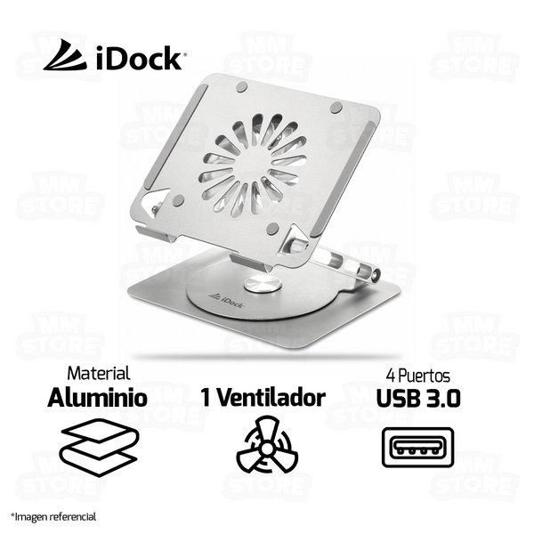 SOPORTE PARA LAPTOP IDOCK GALAXY I60 360° 3.0 | ALUMINIO |  1 VENTILADOR | 04 USB 3.0 | PLATEADO
