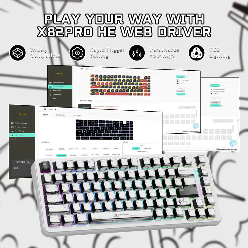 TECLADO ATTACK SHARK X82 PRO HE | INALAMBRICO | MAGNETICO | RGB | BLANCO - COMIC