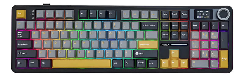 TECLADO AULA F108 PRO | INGLES | INALAMBRICO | MECANICO | SW-GREEN | RGB | NEGRO - GRIS - AMARILLO