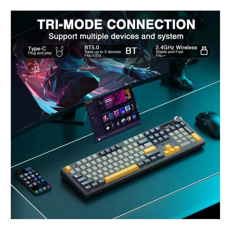 TECLADO AULA F108 PRO | INGLES | INALAMBRICO | MECANICO | SW-GREEN | RGB | NEGRO - GRIS - AMARILLO