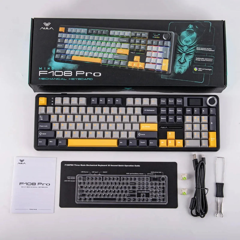 TECLADO AULA F108 PRO | INGLES | INALAMBRICO | MECANICO | SW-GREEN | RGB | NEGRO - GRIS - AMARILLO