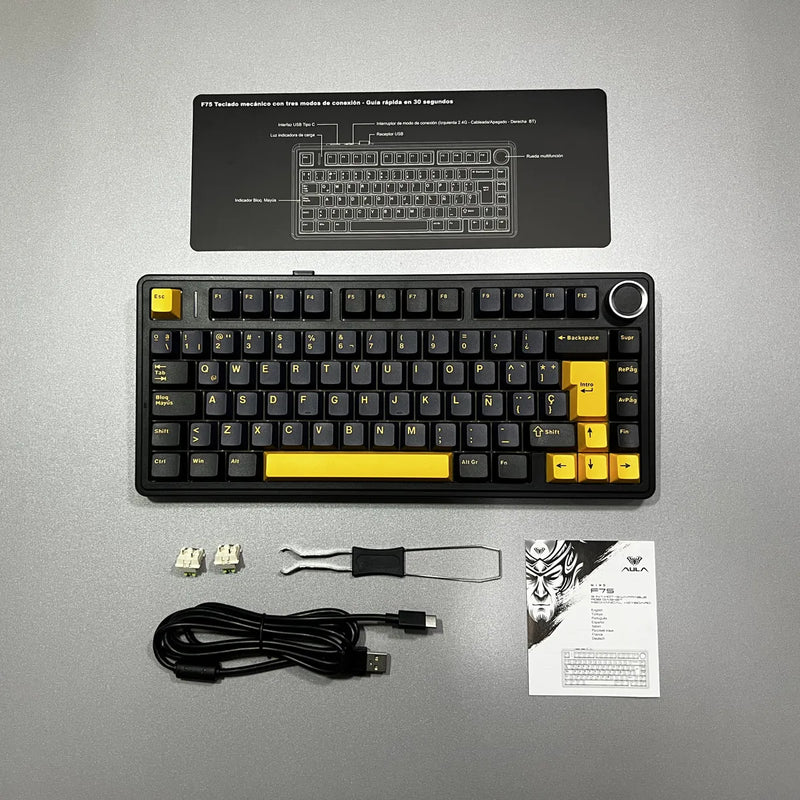 TECLADO AULA F75 | ESPAÑOL | INALAMBRICO | MECANICO | SW-GREEN | RGB | NEGRO-AMARILLO